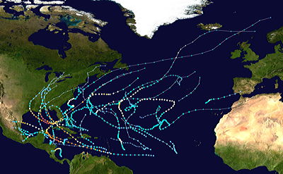 Figure 10.27: Tracks of all Atlantic hurricanes during the 2005 season. Warmer colors indicate higher maximum sustained wind speeds.