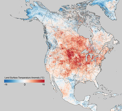 Figure 10.31: Land surface temperature anomalies in March 2011. Red areas represent above average temperatures and blue areas represent below average temperatures.
