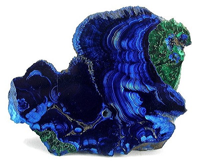 Figure 5.14: A polished specimen of azurite and malachite from the Bisbee Mine in Cochise County, Arizona. Specimen is 9 centimeters (3.5 inches) wide.