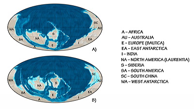 Figure 9.4: The location of the continents during the A) early and B) late Cambrian. Note the position of North America.