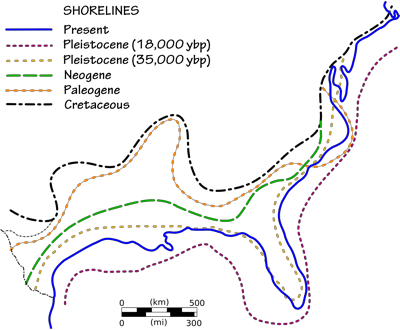 Figure 1.15: Shoreline positions along the Coastal Plain during the past 70 million years. The shoreline reflects the regression that resulted from the last significant glacial advance of the modern ice age.