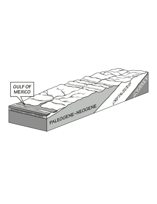 Figure 2.13: Millions of years of sediment accumulation in the basins caused coastal areas to subside, creating a gentle slope toward the Gulf of Mexico.