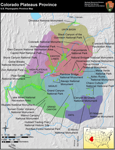 Figure 2.2: Locations of some national parks and monuments in the Colorado Plateau. The region hosts 10 national parks, 27 national monuments, 19 national forests, and 57 state parks.