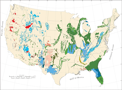 Figure 10.19: Areas of karst in the continental US associated with carbonate and evaporate rocks.