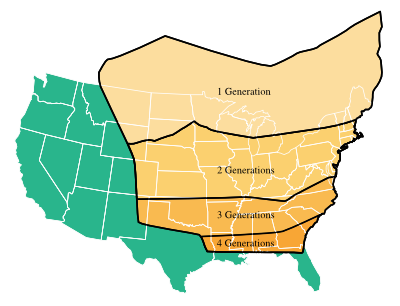 Figure 9.15: The European Corn Borer, an agricultural insect pest, currently produces one to four generations a year depending on its location in the US. As the climate warms farther north, they are expected to produce more generations in the Great Plains and Central Lowland, causing greater crop damage.