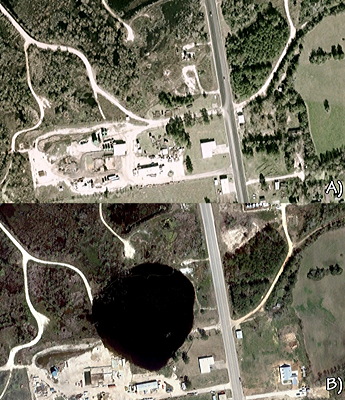 Figure 10.19: Aerial view of the Daisetta sinkhole, A) before and B) after the event. The sinkhole is now filled with water.