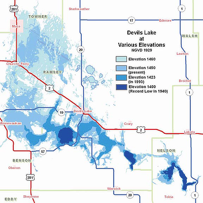 Figure 10.27: The extent of Devils Lake at different water level elevations.