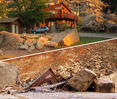 Figure 9.7: This house in Rockville, Utah, was demolished in a 2013 rockfall that destroyed the house, garage, and car and killed two residents. A motorist who witnessed the event estimated that it lasted only 10 seconds. Multiple nearby houses are also located in this high-hazard zone.