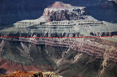 Figure 2.5: The Great Unconformity (marked by the line) in the Grand Canyon, Arizona, where the horizontal Tonto Group (Cambrian) overlies the tilted Grand Canyon Supergroup (Proterozoic).