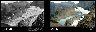 Figure 6.16: An example of glacial recession in Glacier National Park: Grinnell Glacier, as seen in 1940 and 2006.