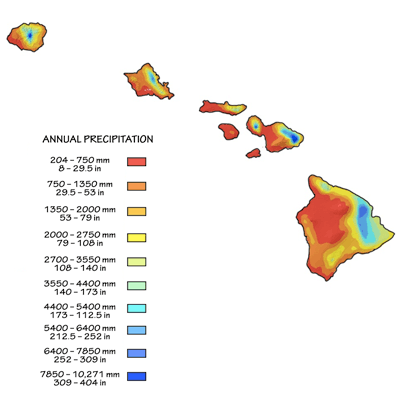 Figure 9.18: Mean annual rainfall in the Hawaiian Islands. Northeast trade winds combine with topography to create a strongly asymmetrical rainfall distribution. Leeward (west) areas receive little rainfall while windward (east) slopes are some of the wettest places on Earth.