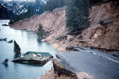 Figure 10.6: Earthquake damage to State Highway 287 and the Hilgard Lodge near Hebgen Lake, Montana.