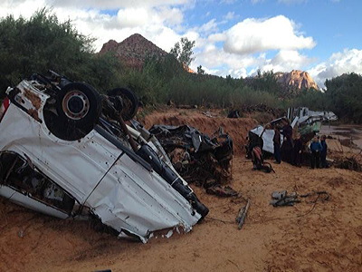 Figure 9.28: The remains of a vehicle swept away by the Hildale flash flood in September 2015. Ten of the vehicle’s eleven occupants were killed.