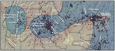 Figure 10.5: Earthquake occurrences in the Central Idaho Seismic Zone and Western Idaho Seismic Zone between 1973 and 2009. Earthquake epicenters are shown in red. The locations of Borah Peak and Hebgen Lake are marked by stars.