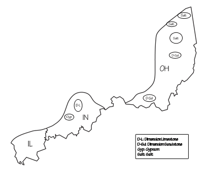 Figure 5.6: Principal mineral-producing localities in the Inland Basin, associated primarily with Paleozoic deposition of sand, carbonate sediments, and occasionally evaporates in the warm shallow continental seas filling the Appalachian Basin (see Chapter 1: Geologic History and Chapter 2: Rocks).