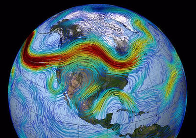 The polar jet stream over North America (shown in red). Warmer colors indicate regions of faster airflow.