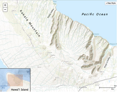 Figure 4.22: Topographic map of Kohala Mountain, Hawai’i Island. The windward side of Kohala is deeply incised by perennial streams while the leeward side remains mostly undissected. The line of cinder cones extending NW-SE across the summit of the mountain marks Kohala’s ancient rift zone.