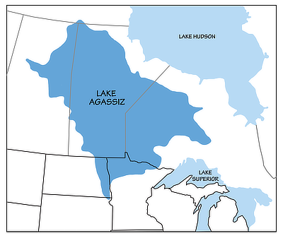 Figure 4.7: The extent of glacial Lake Agassiz during the Pleistocene. North Dakota’s Red River Valley follows the bed of this ancient lake.