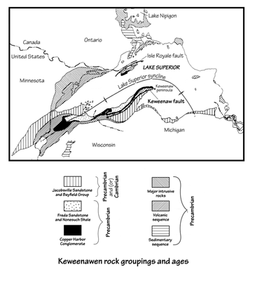 Figure 2.4: The geology around Lake Superior is perhaps the most complex in the Midwest. A variety of sedimentary, igneous, and metamorphic rocks representing more than a billion years of history are found within a few kilometers of each other.