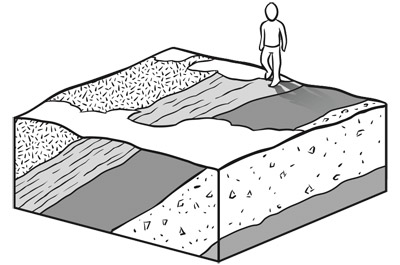 When rocks are folded or tilted, the person walking across the surface sees several layers of rock exposed.