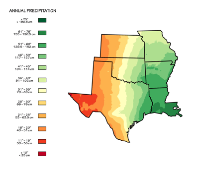 Figure 9.9: Mean annual precipitation for the South Central States. 
