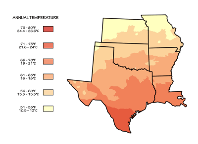 Figure 9.8: Mean annual temperature for the South Central States. 