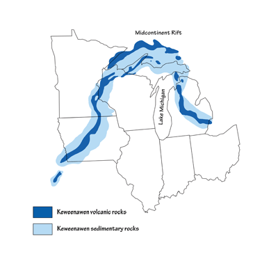Figure 1.5: Active for 20 million years, a great rift valley extended through the Midwest from today’s Lake Superior to Kansas.