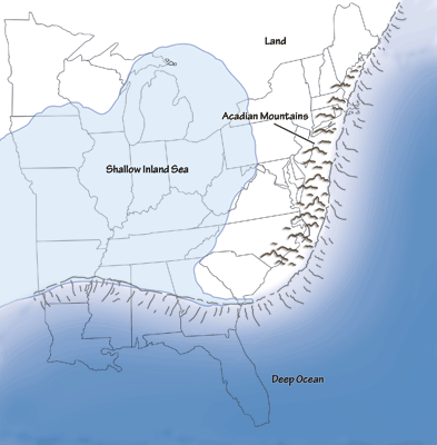 Figure 2.8: Much of the Midwest region was covered by an inland sea during the Mississippian and Pennsylvanian periods, with sediment being brought in from the erosion of the Acadian highlands to the east.