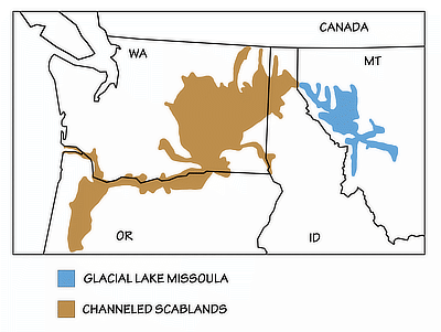 Figure 1.17: The extent of ancient Lake Missoula between 15,000 and 13,000 years ago, and the modern Channeled Scablands, carved by the lake’s outburst flood. 