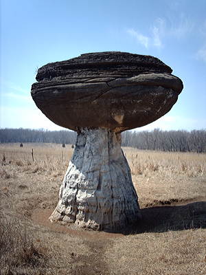 Figure 2.24: This hoodoo in Mushroom Rock State Park is made up of a concretion of erosion- resistant Dakota Sandstone atop a pillar of softer sedimentary rock. This “mushroom” is over 8 meters (25 feet) tall.