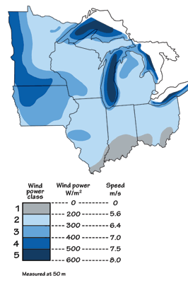 Figure 7.3: Average annual wind power distribution in the Midwest.