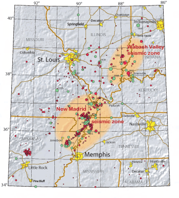 Figure 10.5: Earthquake events in the New Madrid and Wabash Valley seismic zones.