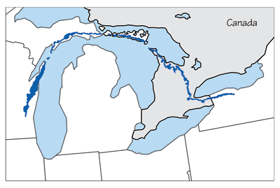 Figure 2.7: The Niagara Escarpment, shown in blue, creates such a distinct topographic and geologic boundary that the Great Lakes Michigan, Huron, and Ontario owe large portions of their shorelines to its influence.