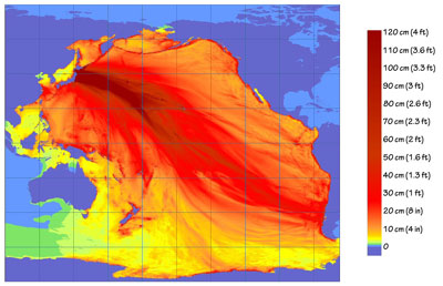 Figure 10.27: NOAA energy model and predicted wave height from the 2011 Tōhoku Japan tsunami. These are open-ocean wave heights; as the tsunami approaches a coastline the local landforms influence the wave height when it reaches shore.