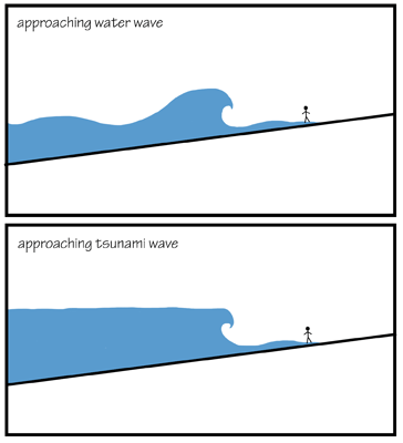 Figure 10.8: The difference between normal water waves and tsunami waves as they approach the shore.