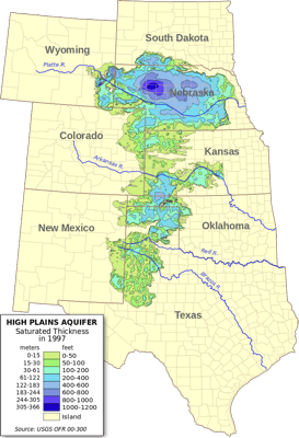 Figure 4.18: Extent of the Ogallala aquifer and its saturated thickness as measured in 1997.