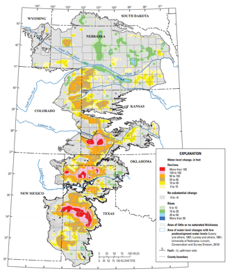 Figure 9.35: Water level change in the Ogalalla aquifer between 1950 and 2013.