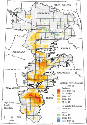 Figure 10.33: Water level change in the Ogalalla aquifer between 1950 and 2005.