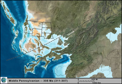 Figure 1.8: The Northwest Central US during the Pennsylvanian, approximately 208 million years ago.