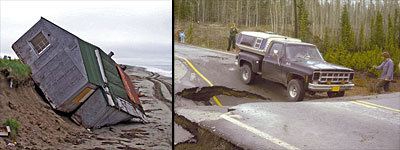 Figure 9.12: Melting permafrost has caused a house in Shishmaref, Alaska to topple; on the Alaska Highway, permafrost subsidence caused the road to collapse under the weight of a pickup truck.