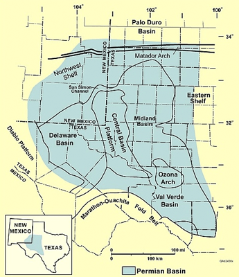 Figure 1.13: The Permian Basin is a large sedimentary basin in western Texas and southeastern New Mexico. It is made up of three main component parts: the eastern Midland Basin, the Central Basin Platform, and the western Delaware Basin. These structures existed from the Carboniferous to the Triassic periods.