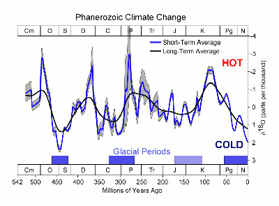 Figure 8.2: Changing global climate throughout the last 542 million years. These data were compiled using the ratios of stable oxygen isotopes found in ice cores and the carbonate skeletons of fossil organisms.