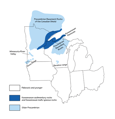 Figure 1.3: Precambrian outcrops within the Midwest.