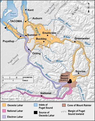 Figure 10.14: Lahar paths of Mt. Rainier. This map shows three major events that occurred in the last 10,000 years. Note how the lahars follow the river valleys.