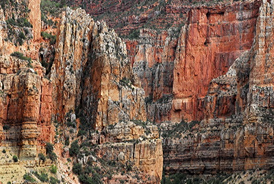 Figure 2.6: The 340-million-year-old Redwall Limestone forms distinct red cliffs up to 240 meters (800 feet) thick. It is a very hard stone, which often causes it to break at harsh angles, creating pillars.
