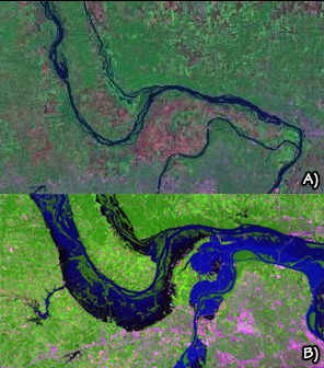 Figure 10.22: Confluence of the Mississippi and Missouri rivers, near St. Louis. A) 2002, during non-flooding. B) 1993, during the Great Mississippi and Missouri Rivers Flood.