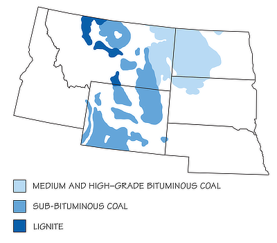 Figure 7.4: Coal-producing regions of the Northwest Central US. The Great Plains is a particularly significant coal producing area.