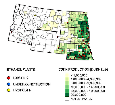 Figure 7.6: Corn production (bushels) and locations of ethanol plants in the Northwest Central US by county and location (as of 2013). 