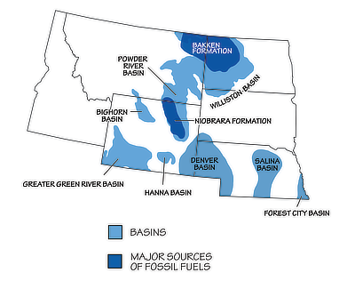 Figure 7.5: Sedimentary basins containing significant fossil fuel accumulations in the Northwest Central US. 