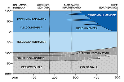 Figure 3.31: Simplified stratigraphy of the western margin of the Western Interior Seaway across Montana and North Dakota during the late Cretaceous period. 